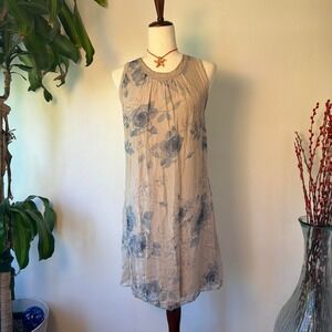 H Trend Vintage Italian Silk Floral Flowy Boho Dress Nude Periwinkle Small